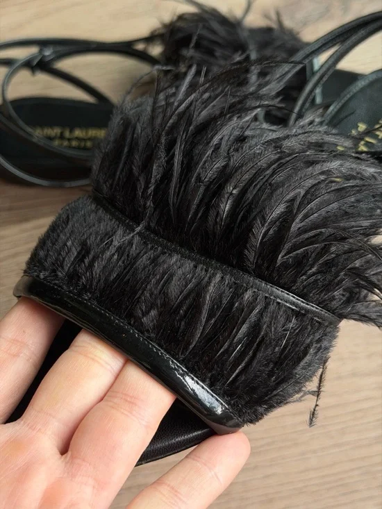 Saint Laurent Ostrich Black Feather-Trim Pointed sandals - Picture 4 of 17